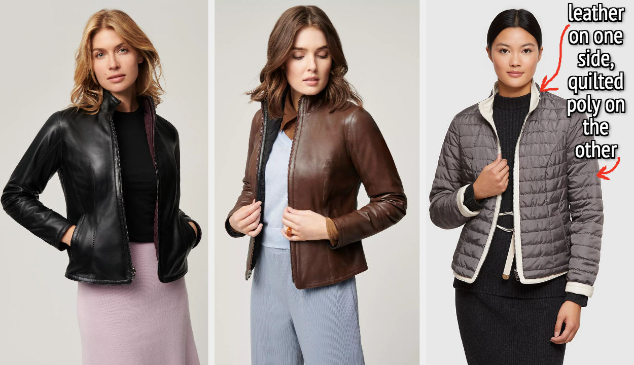 Three images of models wearing black, brown, and white/gray jackets