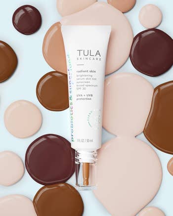 product image with product swatches behind