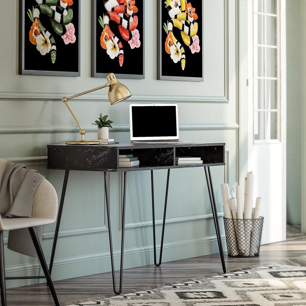 black marble desk with black hairpin legs and two open shelves for storage