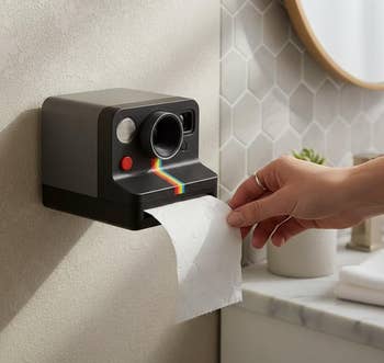 Toilet paper dispenser designed to resemble a vintage instant camera, installed on a bathroom wall