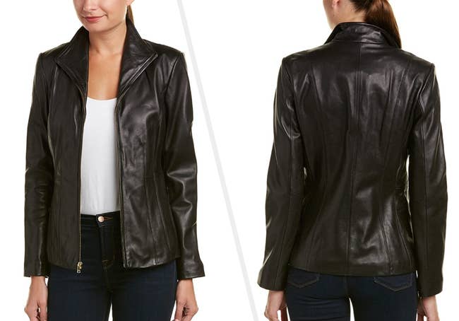 Two images of a model wearing the black leather jacket
