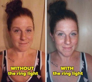 a reviewer takes photos without the ring light and one with, which is much brighter 