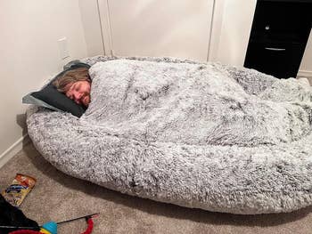 Person asleep in an oversized grey dog bed for humans