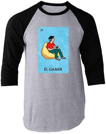 a quarter sleeve shirt with a mexican lottery parody card on it of a gamer