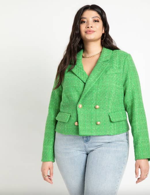 model in kelly green tweed double breasted cropped jacket