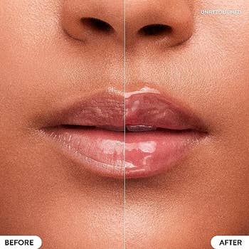 Close-up comparison of lips before and after using the lip balm