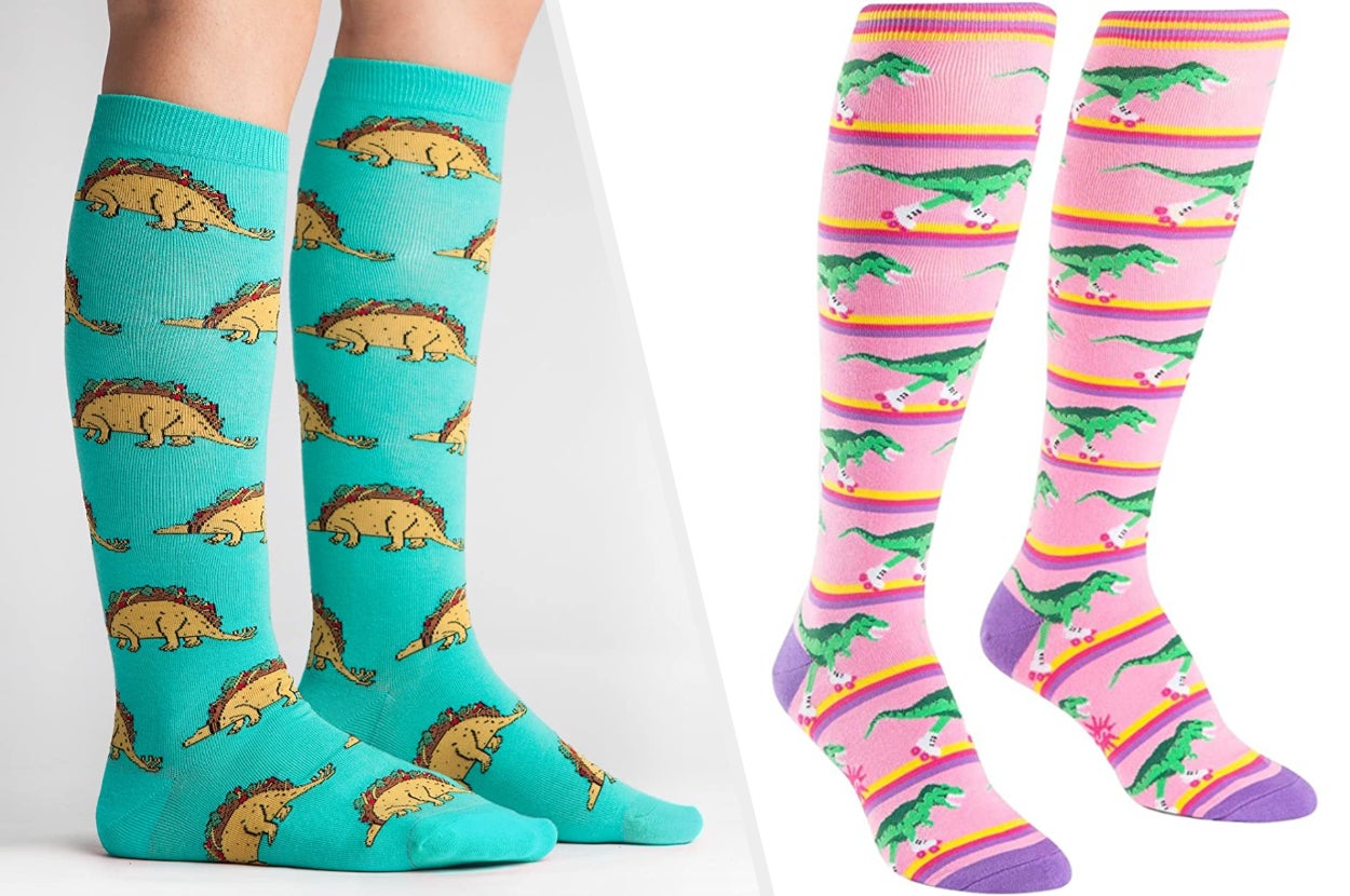 Two images wearing blue and pink dinosaur socks