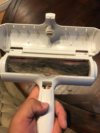 the white pet hair roller opened to show all the hair trapped inside