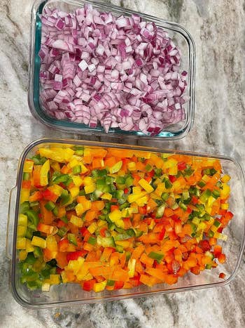 Two containers with a reviewer's finely diced red onion and bell peppers