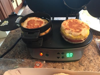 A reviewer's cooked sandwiches on the sandwich pan