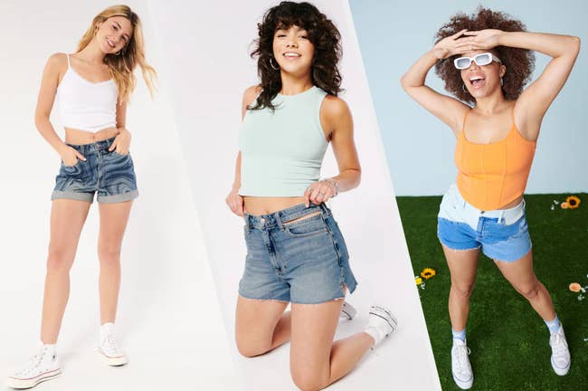 Three images of models wearing blue jean shorts
