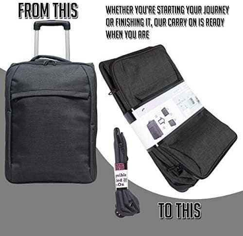 Advertisement showing a carry-on bag that expands to hold more, including a compact hair dryer