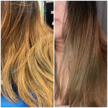 Before and after photo of a person's hair going from a brassy light brown to a darker medium brown