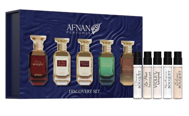 Perfume find acceptable by Afnan Perfumes with 4 boxed bottles and 5 tester vials, highlighting assorted scents