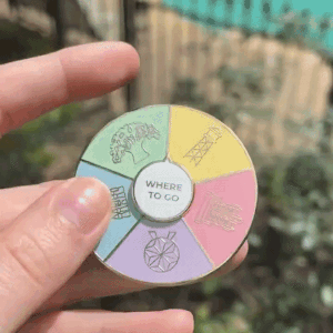 an enamel pin shaped like a wheel with different park options on it