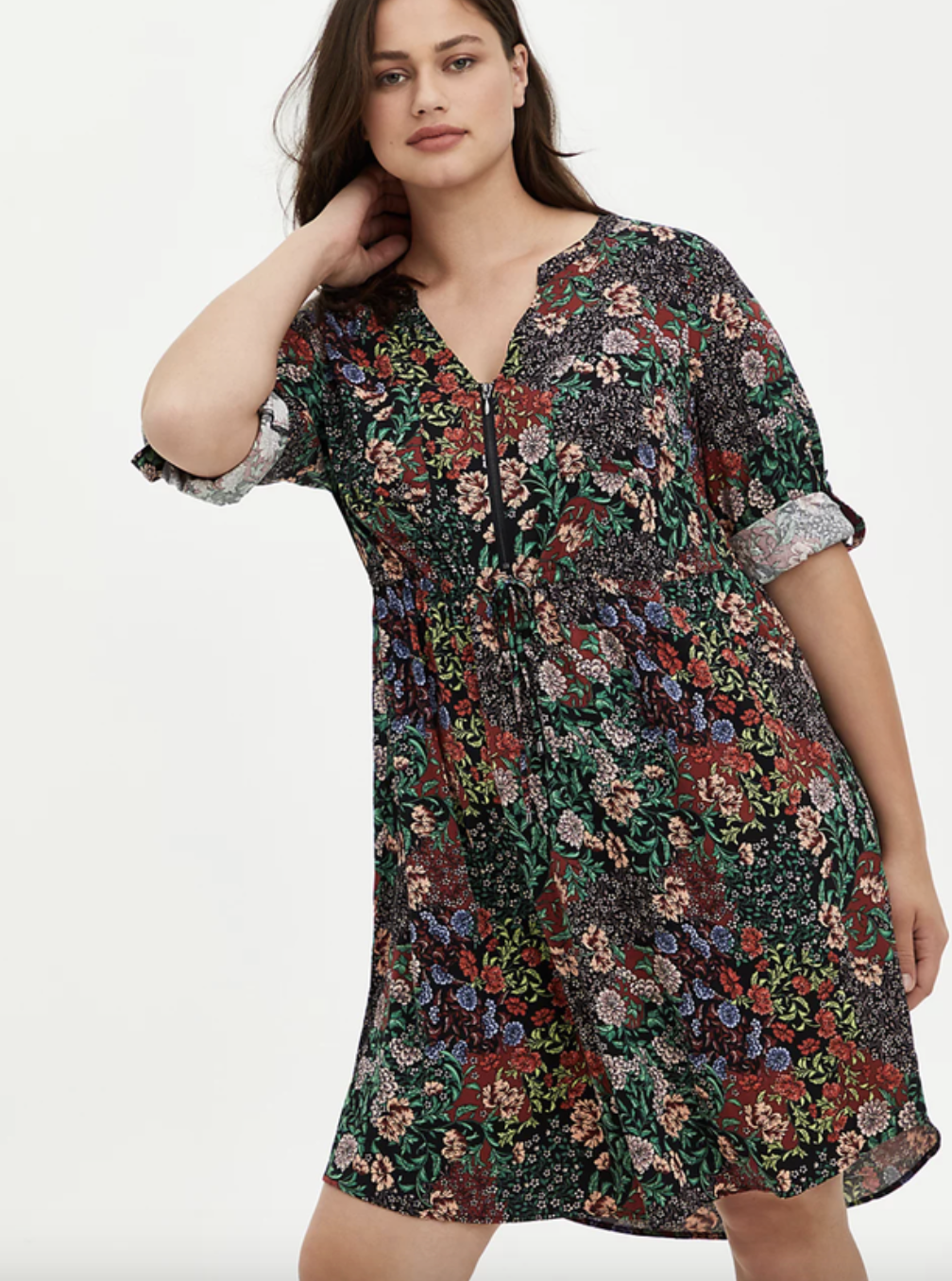 model wearing zip front floral dress