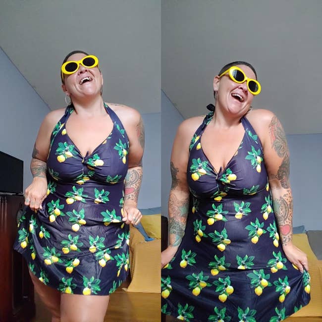 Woman in a tropical print dress and yellow sunglasses laughing in a dual pose