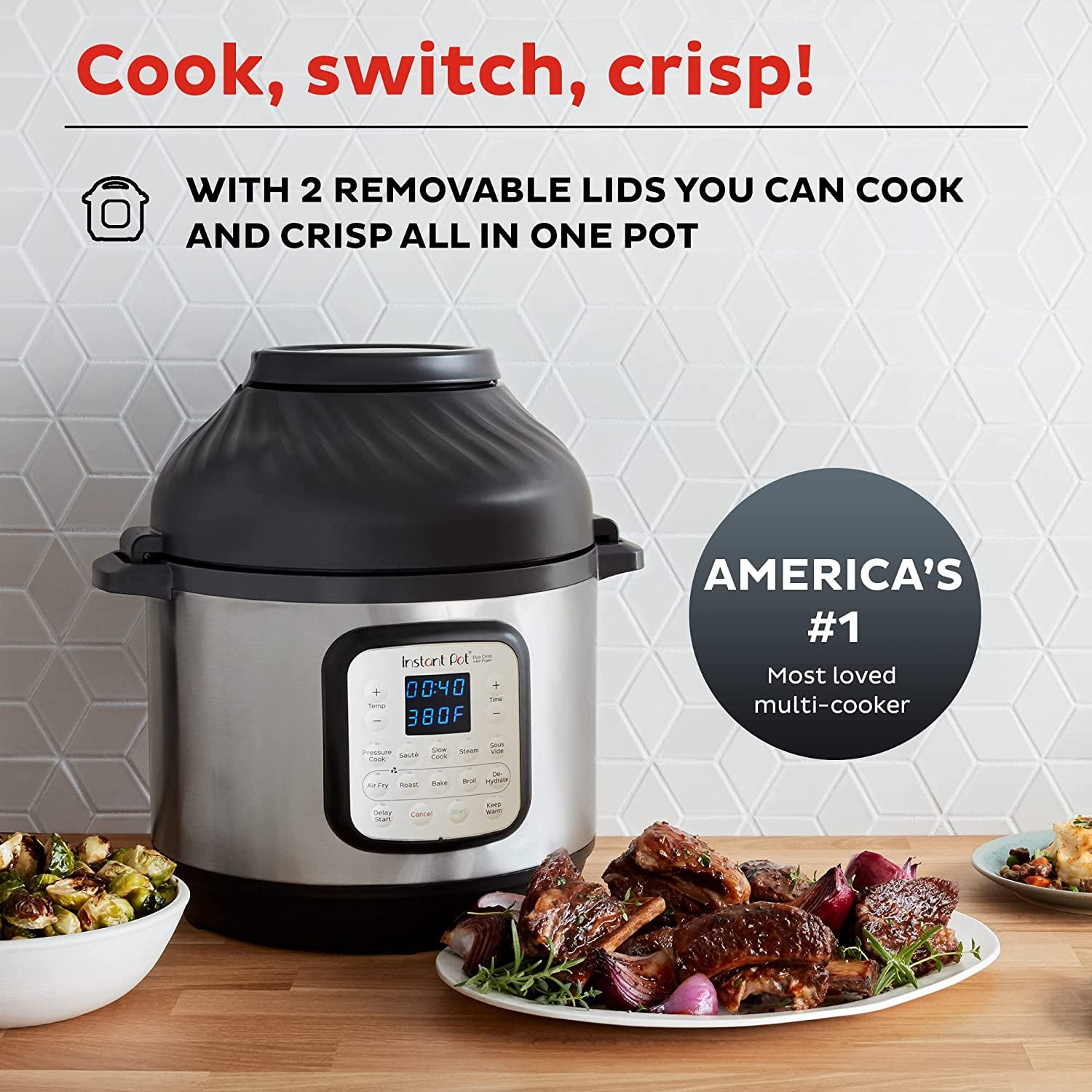 stainless steel instant pot with an air fryer attachment. cooked meat and vegetables in a plate sitting next to it
