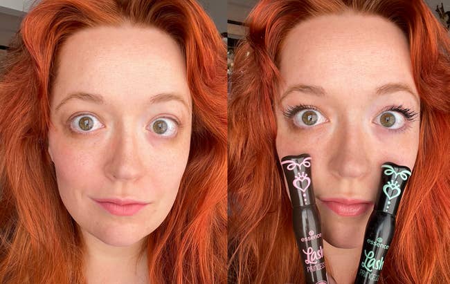 buzzfeeder holding brown and black mascara near her eyes for comparison in before and after photos