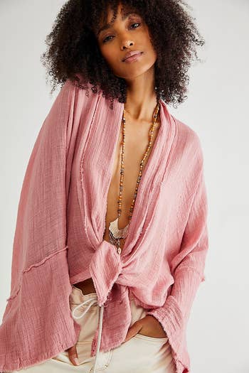 the tie front top in dusty rose