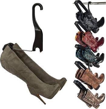 Boots hanging connected  peculiar   hangers, showcasing an organized retention  solution   for assorted  footwear  styles