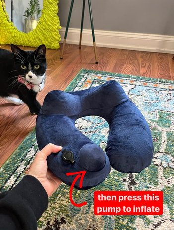 on right, same neck pillow inflated after pressing a button on the side of the neck pillow