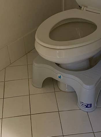 a reviewer photo of the stool in front of a toilet 