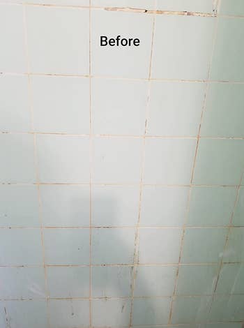 a reviewer showing their shower tiles with grout between