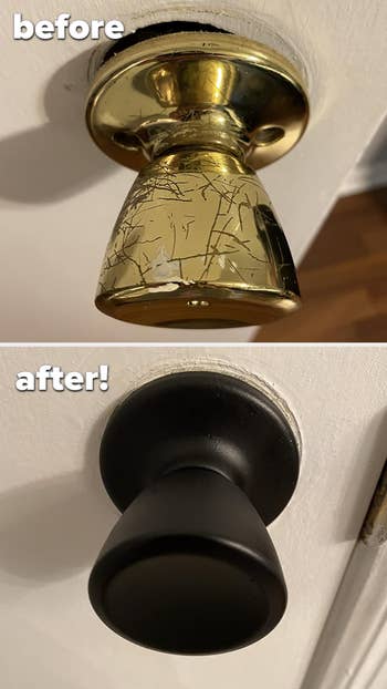 top: reviewer before photo of scratched up brass doorknob / bottom: after photo showing it painted black