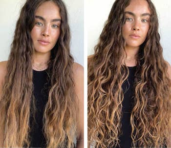 before and after of person with wavy hair looking dry and frizzy before use with defined and moisturized curls after