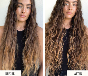 before and after of person with wavy hair looking dry and frizzy before use with defined and moisturized curls after