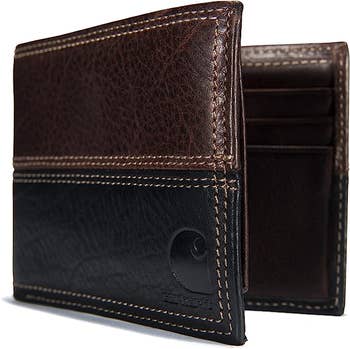 a two tone brown and black leather wallet