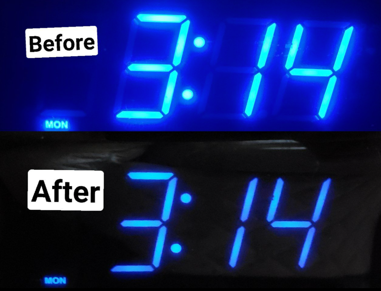 on the top a reviewer's bright alarm clock and on the bottom the same alarm clock with the screen less bright thanks to the dimming stickers