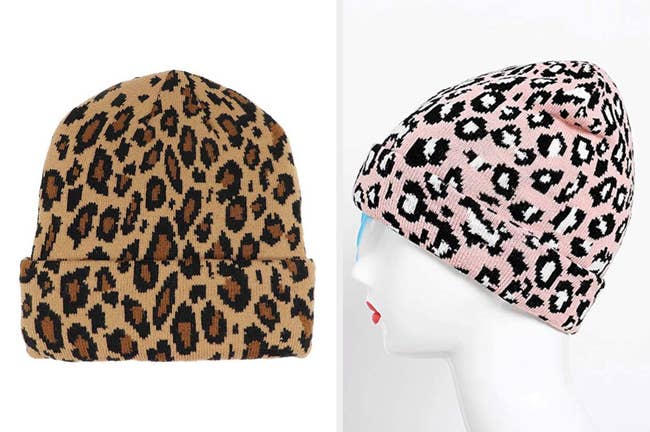 Brown and black leopard print beanie on a white background, product in pink, black, and white leopard print on a white mannequin head    