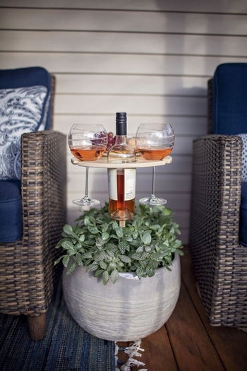 the table with stake inserted into a large potted plant, holding two wine glasses, a bottle, and a snack