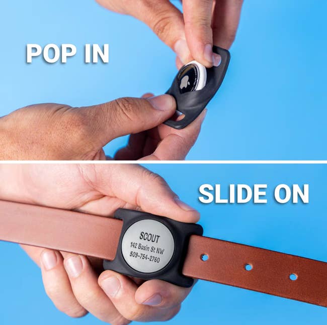 Hands demonstrating an airtag being inserted into a holder on a leather strap; text reads