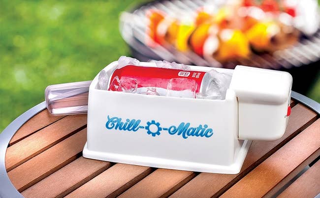 a Chill-o-Matic device chilling a can of soda with ice cubes