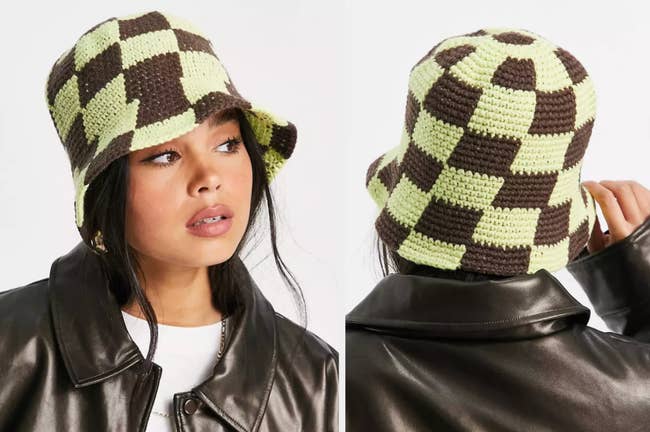 Model showing front and back view of brown and lime green checkered crochet bucket hat