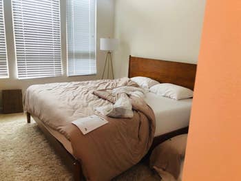 Bedroom with a woody  furniture  frame, neatly made with a comforter, pillows, and adjacent    level  lamp. Shopping articles oregon  packaging disposable   connected  the bed