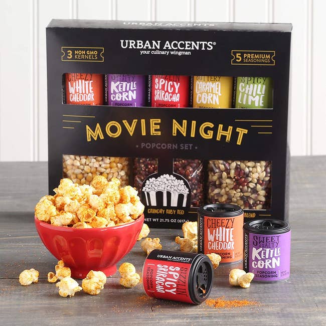 popcorn set with three bags of kernels and five seasonings 