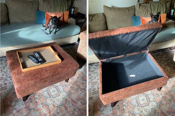 collage, reviewer photos of coffee table ottoman open, showing storage space