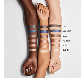 all six eyeshadow shades swatched on three different skin tones