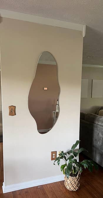 An irregularly shaped wall mirror hung vertically on a wall 