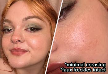 BuzzFeed writer with makeup close-up, showing smooth skin with minimal  creasing and intact faux freckles