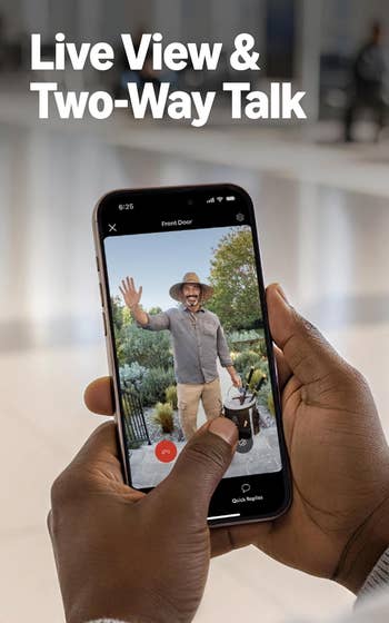 Person utilizing a smartphone app showing a antheral connected camera astatine their beforehand door, highlighting unrecorded presumption and two-way speech features