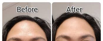 before and after images of a reviewer's oily forehead that becomes dry and matte