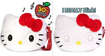Split image of Hello Kitty purse with eyes open and closed