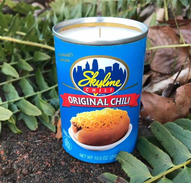 soy candle in a repurposed Skyline Chili can