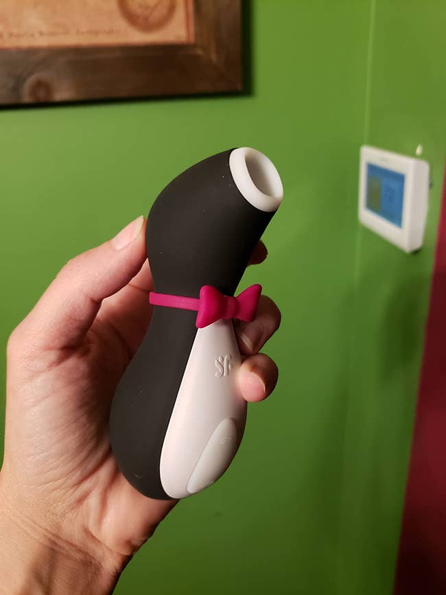 Reviewer holding penguin air pulse vibrator