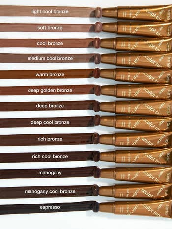 Row of Tarte Sculpt Tape contour and bronzer showcasing each  the shades adjacent  to unfastened  tubes